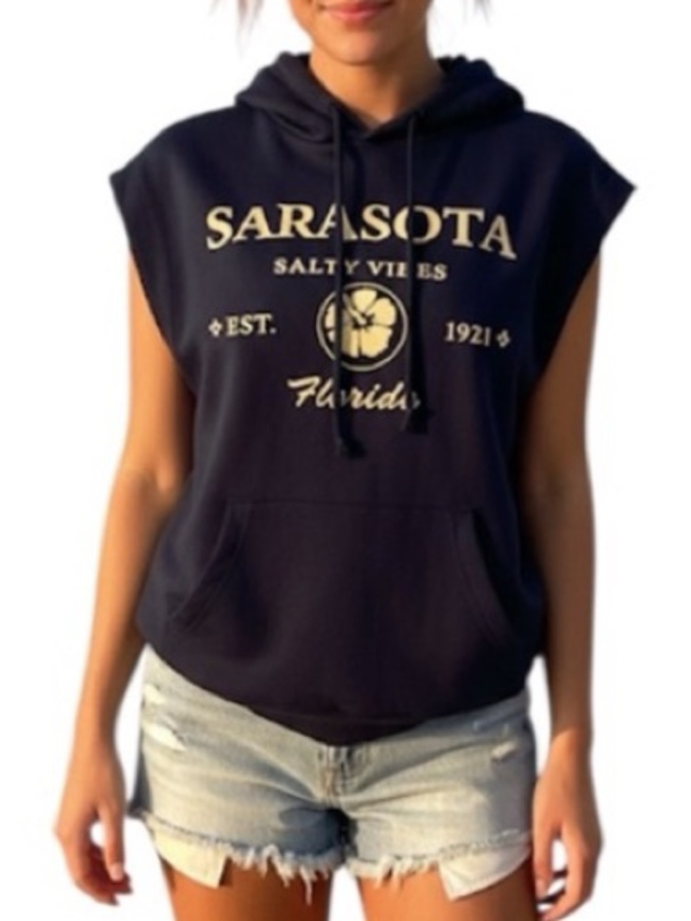 Salty Vibes Navy Blue Sleeveless Sweatshirt 100% Cotton With Hood Size: Large